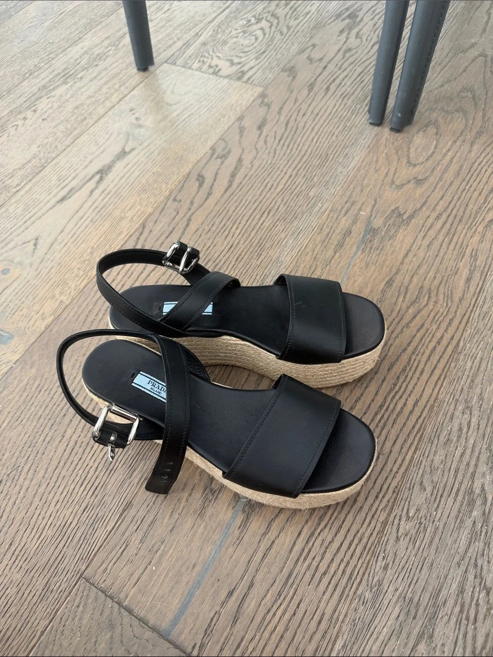 Prada Black Leather Espadrille Platform Sandals with Ankle Strap